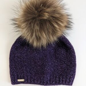 Purple Chunky Knit 95% Cashmere 5% Merino Wool Hat with Extra Large Raccoon Pom